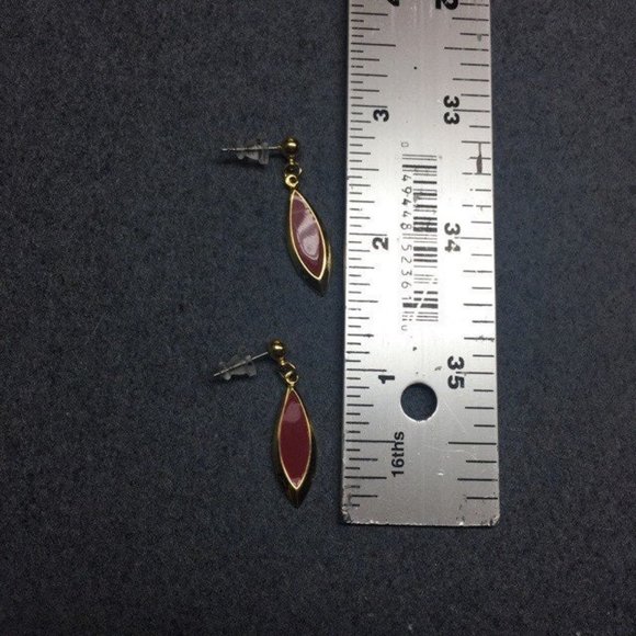 Dangle Pierced Earrings Barbie Dark Pink Enamel Gold Leaf Soft Girl Granny Retro - Picture 2 of 2